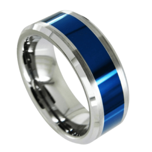 Blauer Herrenring aus Silber und Wolfram. Perfekt für einen modernen Hochzeitstag oder als Verlobungsring in allen Größen, 8 mm Breite