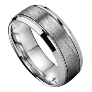 Silberner Herrenring zum Hochzeitstag oder zur Verlobung. Gebürstetes Silber mit polierten Seiten. 8 mm Wolfram in allen Größen