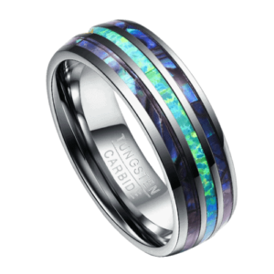 Herren-Muschelring 8 mm Wolfram-Silber blau-grüner Opalring für Hochzeitstag Verlobungsring in allen Größen