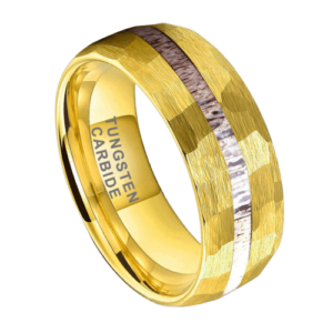 Herren Wolframring Gold gehämmert mit Inlay aus Geweih