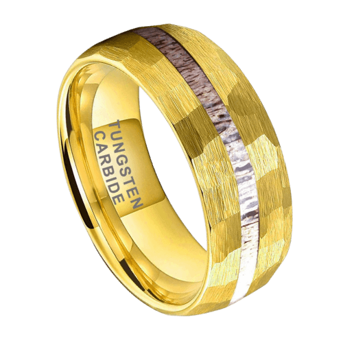 Splendour – Men’s Tungsten Ring – Hammered Gold with Antler 8mm