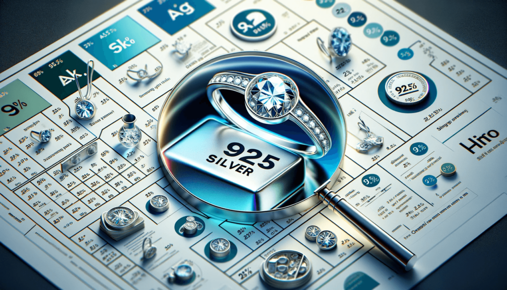 Close-up of a 925 silver jewelry piece with a '925' stamp, against a blurred periodic table background.