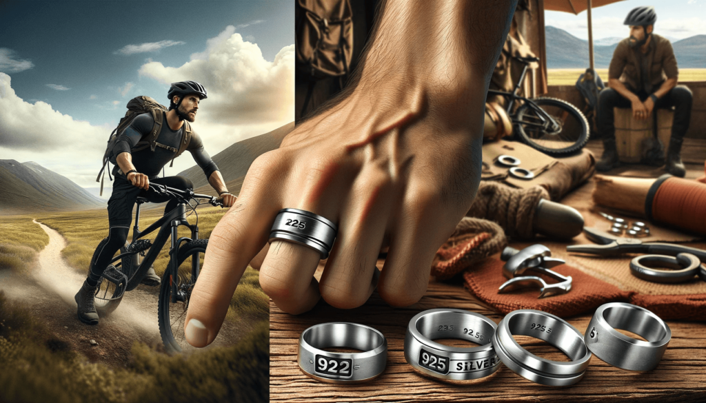 Man's hand wearing a 925 silver ring while engaging in outdoor activities like hiking.