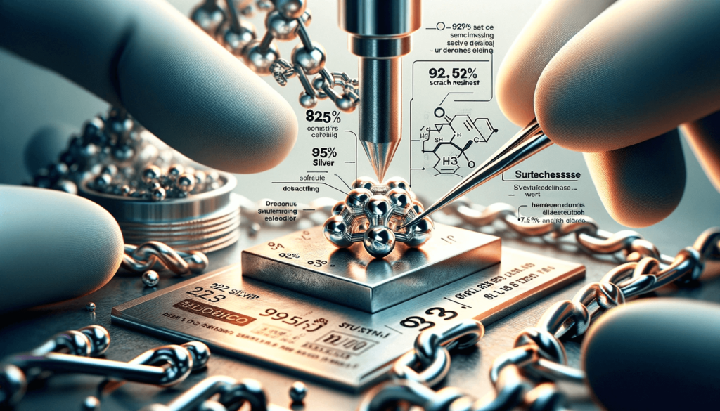 Close-up of a 925 silver jewelry piece in a scratch resistance test, highlighting its hardness.