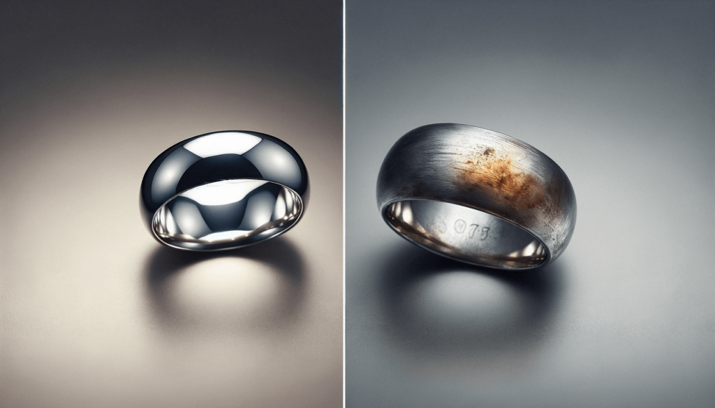 Shiny new silver ring next to tarnished silver ring on a neutral background.