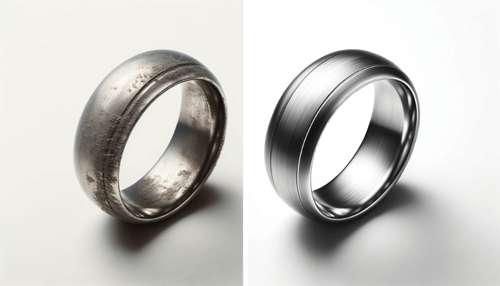Image showing a titanium ring before and after cleaning.