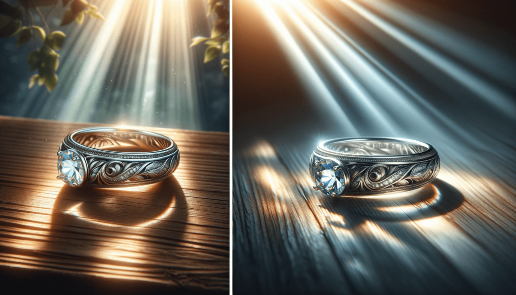 A silver ring illuminated by soft artificial light in a cozy indoor setting, showcasing its subtle glow and intricate design details.