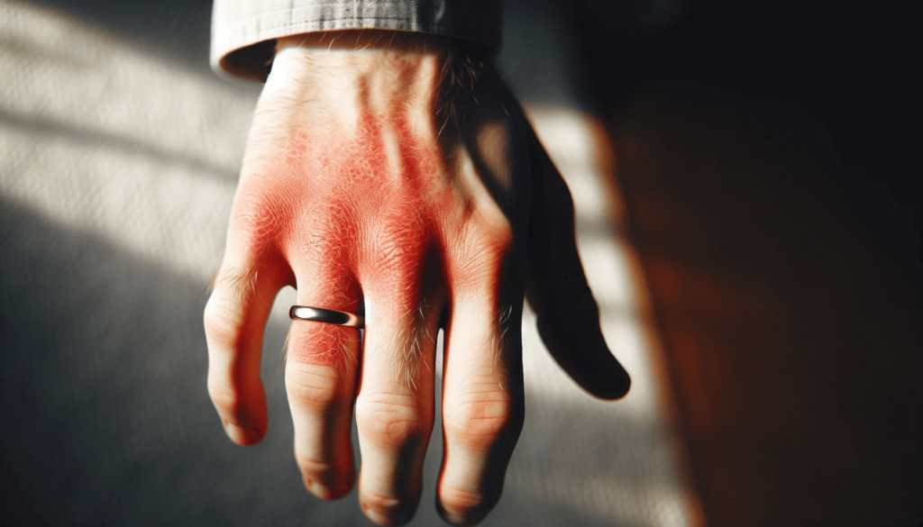 Close-up of a hand with a visible rash in the area where a ring is usually worn. Disadvantages of Silver Rings