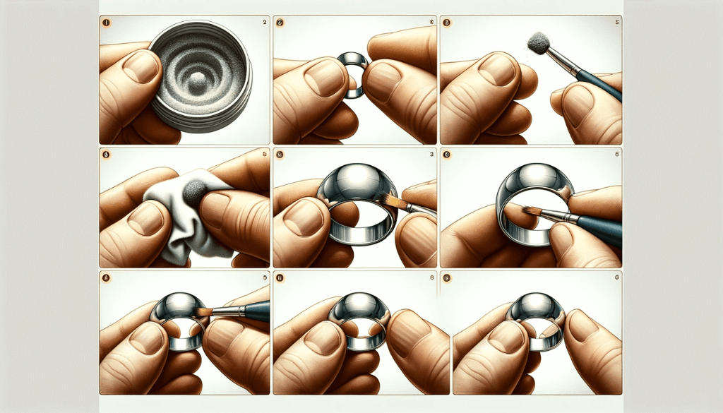 A wide-angle visual guide showing the application of polishing compound on a tungsten ring, with a hand holding the compound, applying it to the ring, and then polishing it with a cloth.