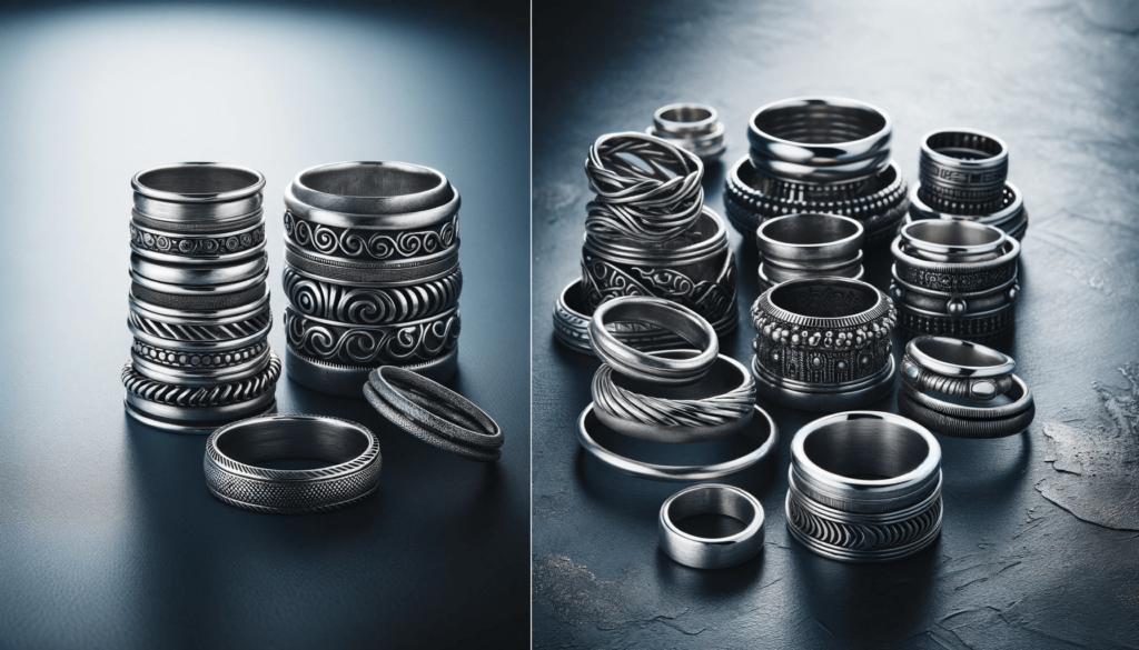 Collection of silver rings of various widths on a dark background.