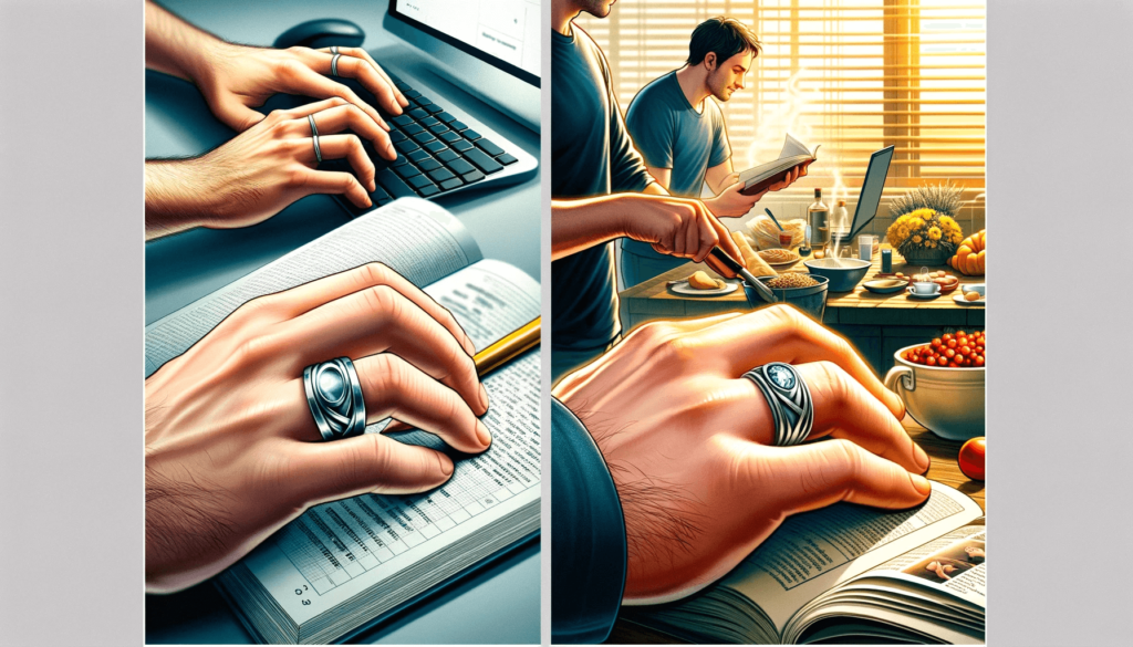 Silver ring on a hand involved in a leisure activity such as reading a book.