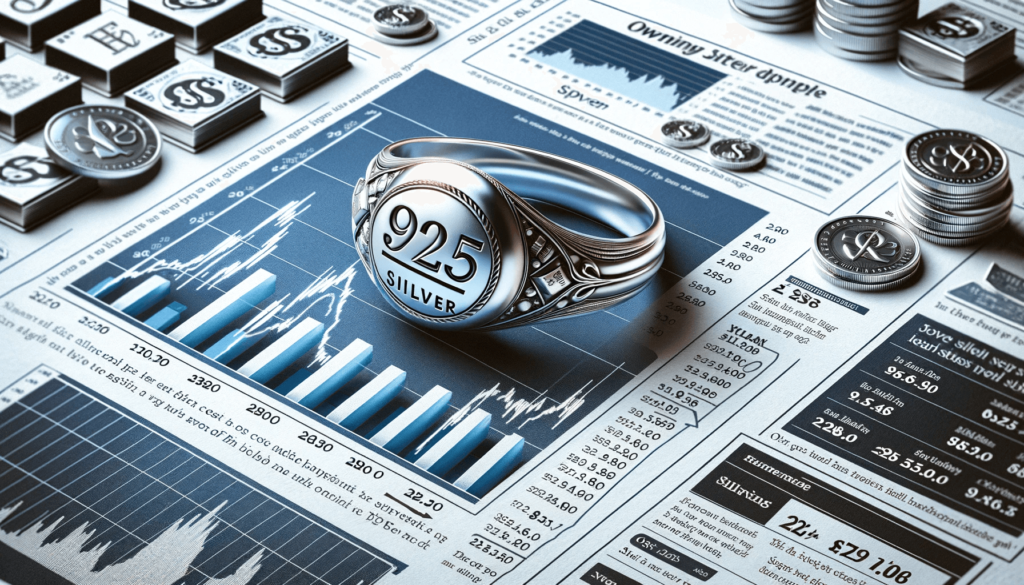 925 silver ring on financial newspapers with background of stock market graphs.