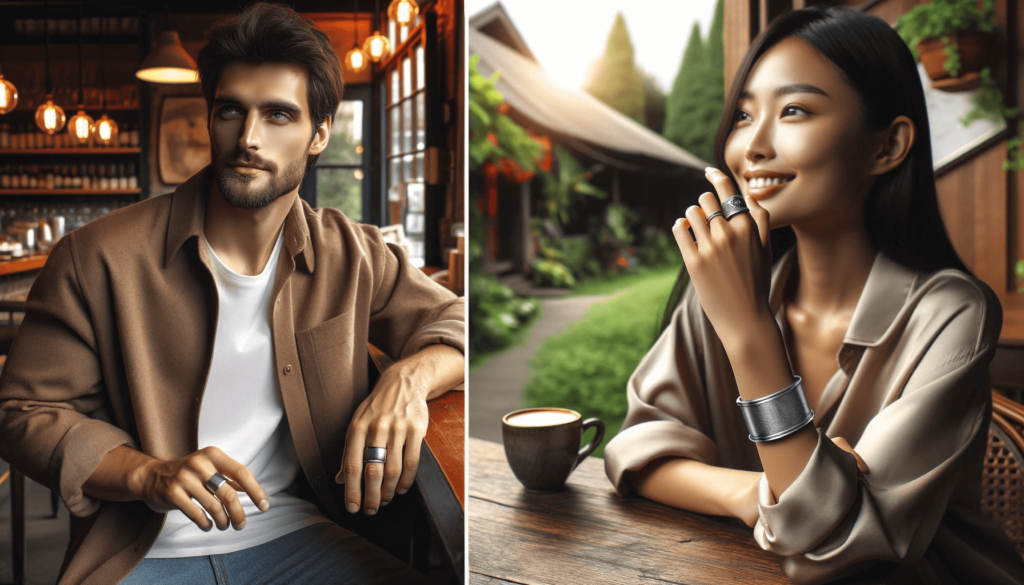 An Asian woman lounging in a lush garden, wearing a casual outfit and a beautifully designed silver ring, smiling gently with her hand raised to her chin. Advantages of silver rings.