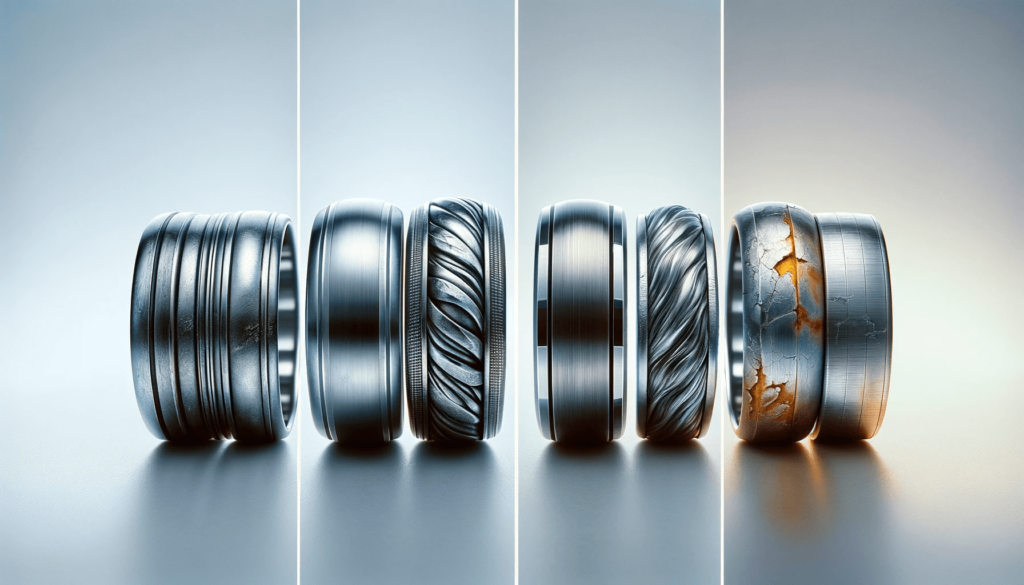 Side-by-side comparison of new and aged silver, tungsten, and titanium rings under natural outdoor light, demonstrating how each metal weathers over time.