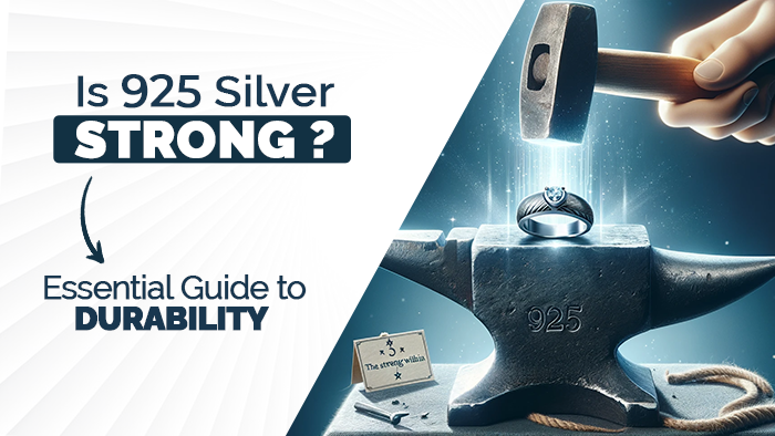 Mit einem Hammer wird auf einen Ring aus 925er Sterlingsilber auf einem Amboss geschlagen, mit der Überschrift „Ist 925er Silber STARK?“ und dem Slogan „Wichtiger Leitfaden zur HALTBARKEIT“.