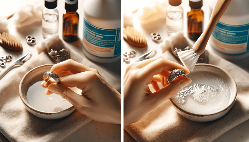 Silver ring being gently brushed with a soft brush.