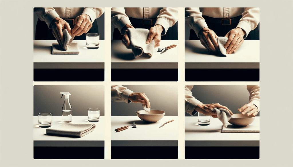 Continuation of the cleaning sequence, depicting hands gently wiping an object with a soft cloth and then inspecting it, emphasizing meticulous cleaning techniques.