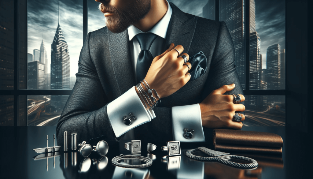 Collection of 925 silver men's fashion accessories, including a tie clip, cufflinks, and bracelet.