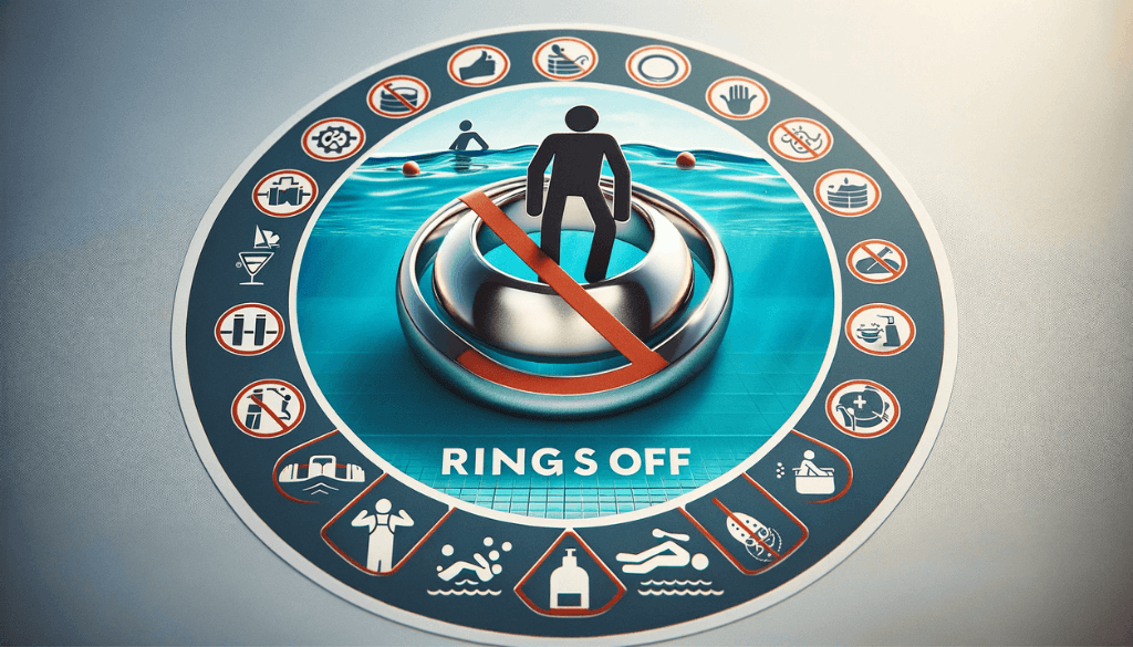 A wide-angle image displaying a 'ring off' symbol with a graphic of a ring crossed out, surrounded by icons for activities like weightlifting, swimming, and handling chemicals.