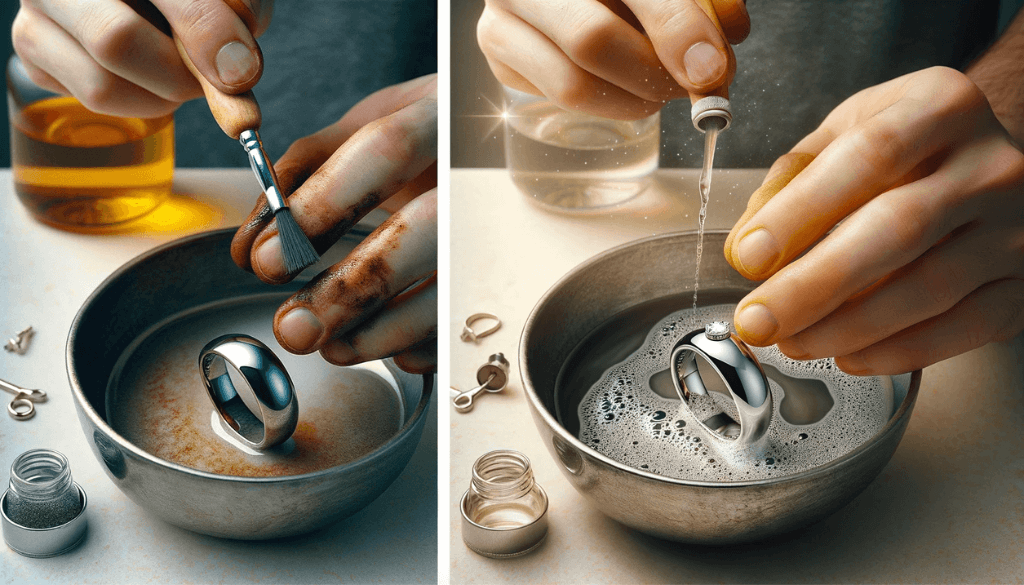 A wide-angle 'before and after' comparison of a tungsten ring, showing it dull and needing cleaning in the first part and shining brilliantly after deep cleaning in the second part.