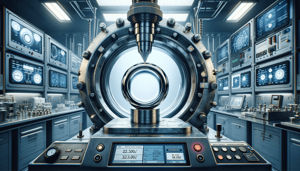 A titanium ring inside a futuristic pressure testing device with digital gauges and monitors, in a high-tech laboratory setting, illustrating the ring undergoing an intense pressure test
