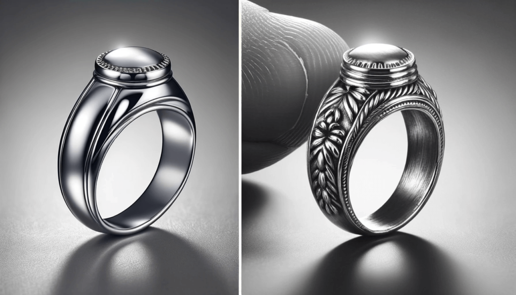 Close-up of a well-crafted silver ring showing smooth finish and precise engravings.