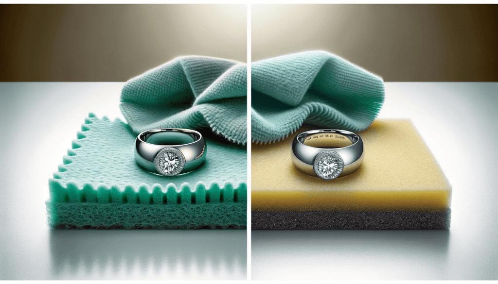 A wide-angle image showing a soft, non-abrasive microfiber cloth laid out beside a titanium ring, highlighting its suitability for polishing in a clean, well-lit setting.