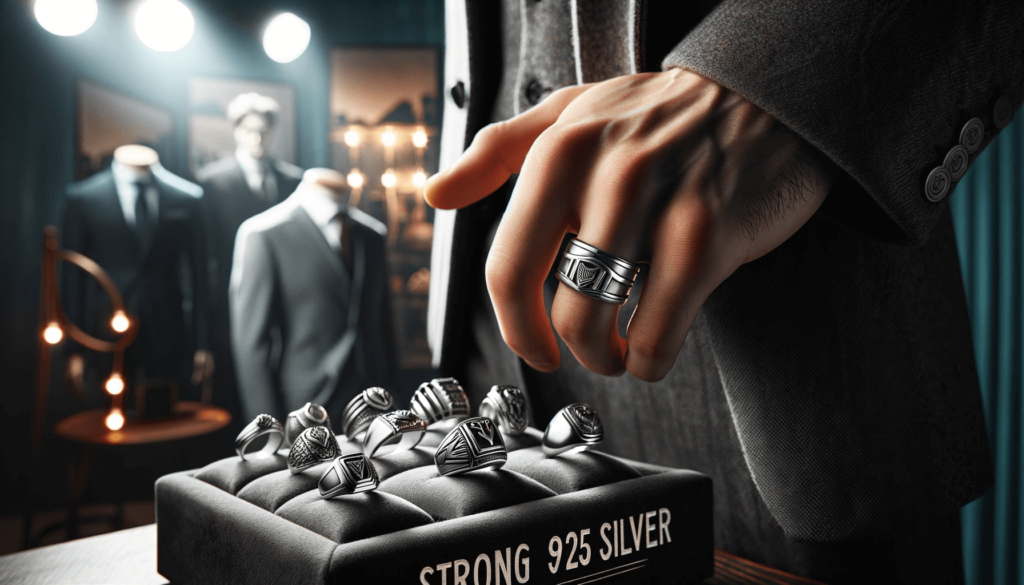 Display of various strong 925 silver rings for men on a dark velvet surface, in a fashion setting.