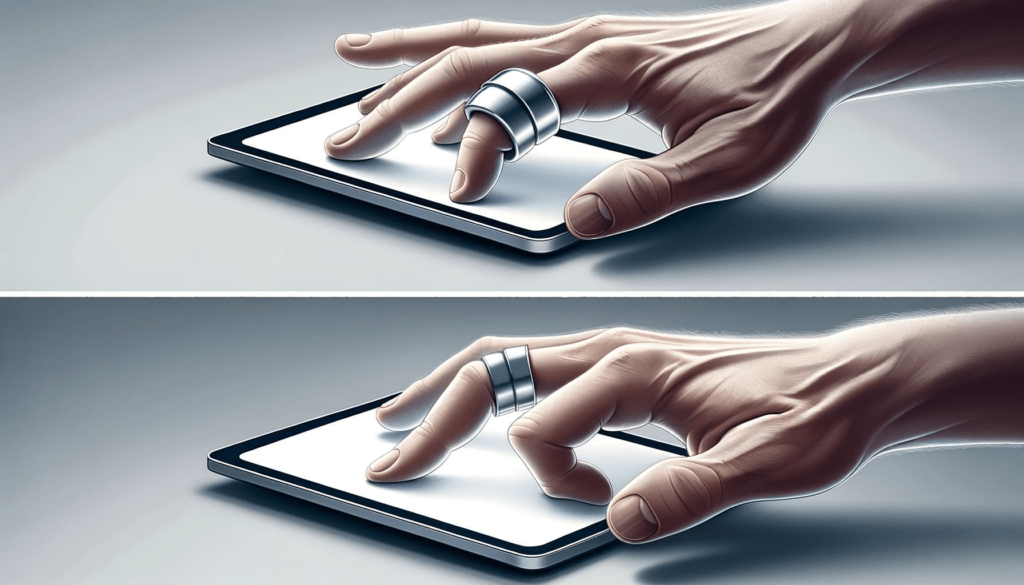Hand with a silver ring struggling to use a touchscreen device.