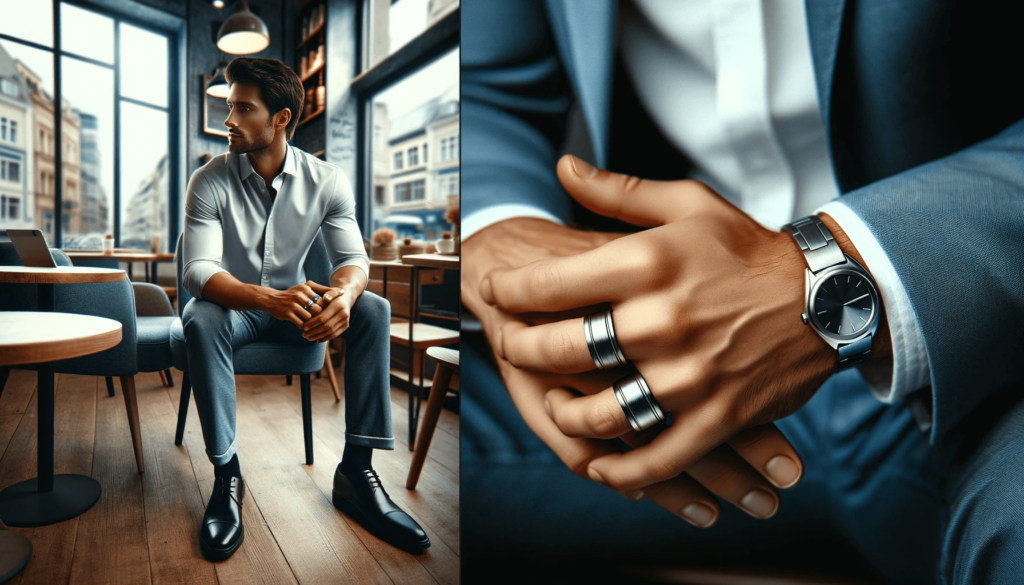 A Caucasian man in a casual setting, like a coffee shop, with a close-up of his hand wearing a sleek silver tungsten or titanium ring, dressed in relaxed attire.
