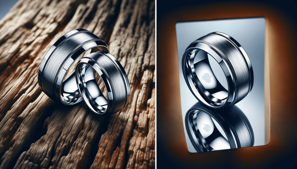 Two silver tungsten rings on a rustic wooden background, showcasing their robust build and polished finish, contrasting with the rugged texture of the wood.