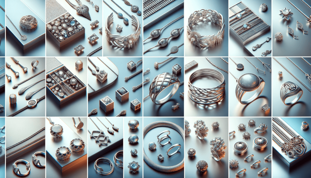 Close-up view of modern jewelry pieces highlighting silver's versatility, including necklaces, bracelets, earrings, and rings with intricate designs and gemstone embellishments.
