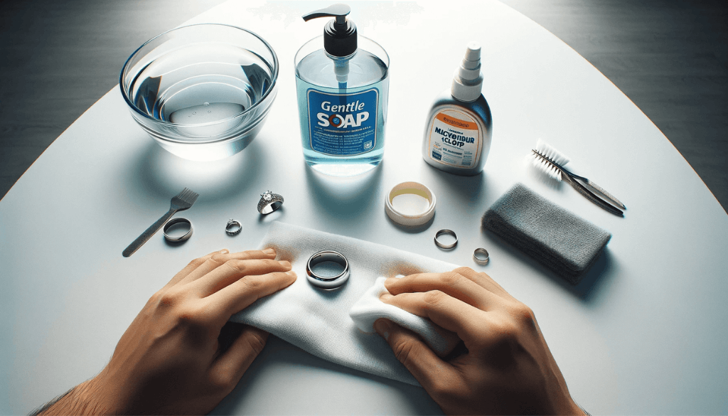 A neatly arranged collection of cleaning supplies on a white surface, including a bottle of soap, a bowl of water, and a soft cloth, with a titanium ring placed beside them.