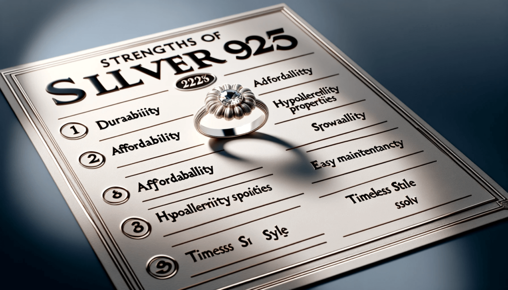 Visual checklist titled 'Strengths of Silver 925' over a single 925 silver ring background.