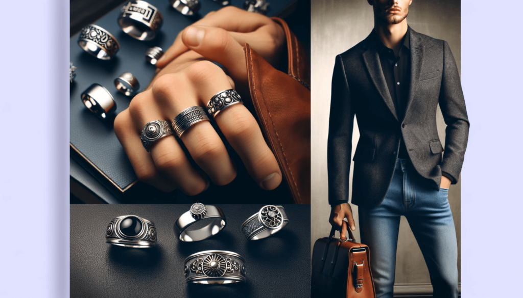 Close-up of a man's hand wearing a stylish silver ring, complementing a modern outfit.
