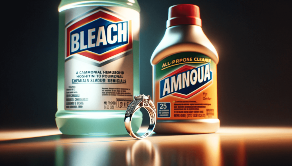 Silver ring on a surface near bottles labeled 'Bleach' and 'Ammonia'.