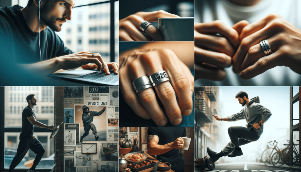 Collage of men wearing 925 silver rings in various everyday activities.