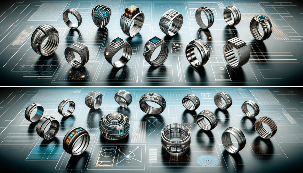 A collection of silver rings with futuristic and avant-garde designs, featuring asymmetry, geometric patterns, and holographic effects against a sleek, metallic background.