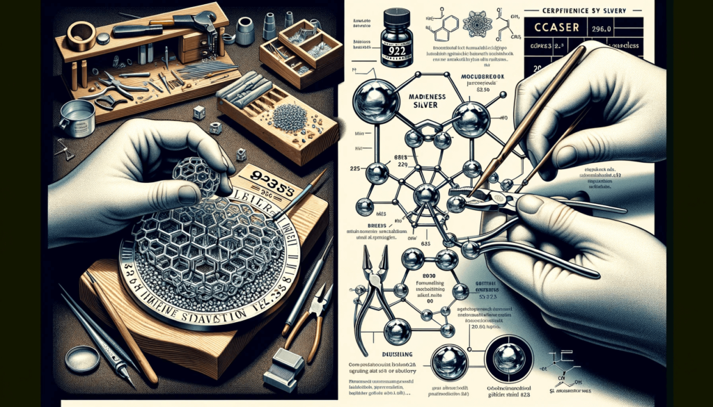 Jeweler's hands shaping a 925 silver piece with tools on a workbench.