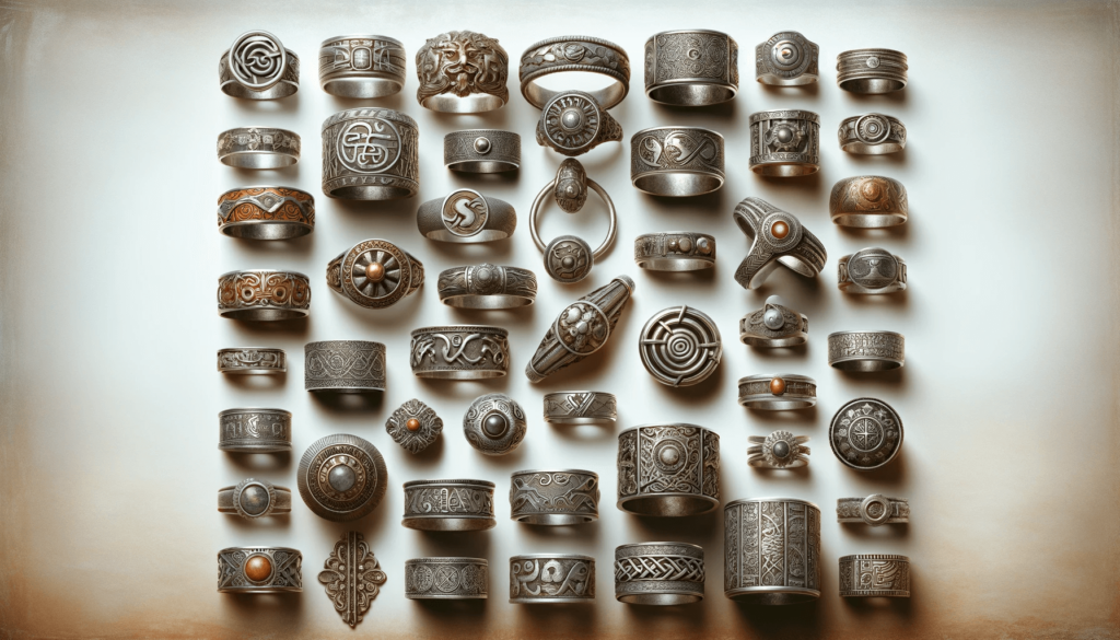 Various intricately designed ancient silver rings from different historical cultures displayed in a harmonious collage.
