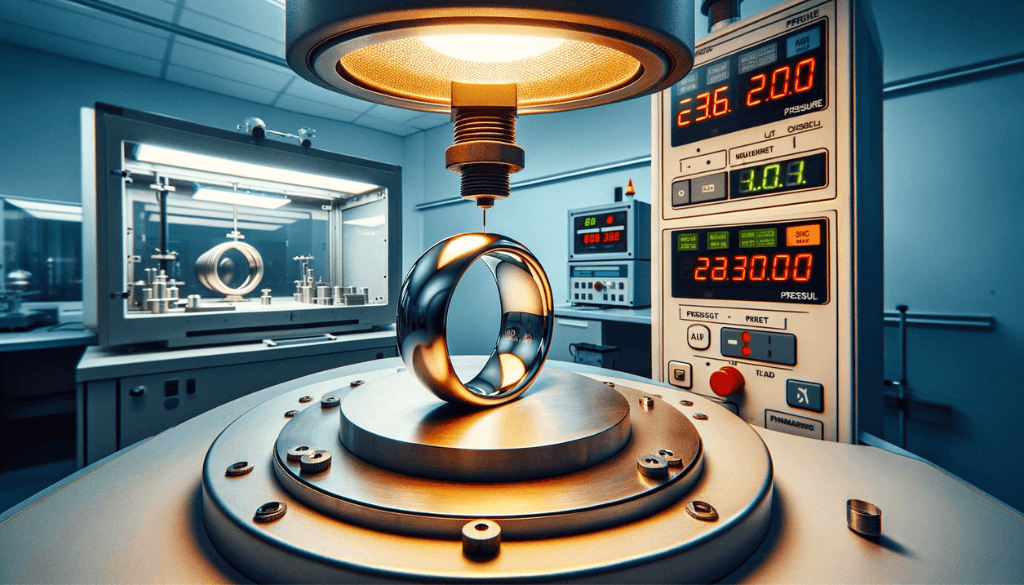 The first image shows the ring inside a high-tech pressure testing machine.