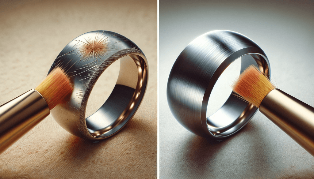A wide-angle image of a titanium ring with visible scratches, placed on a soft, neutral-colored background, highlighting the need for polishing.