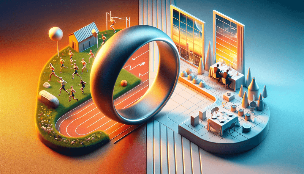 Half of the image shows a flexible silicon ring in an active setting like a gym, while the other half shows a rigid metal ring in a formal setting like an office.