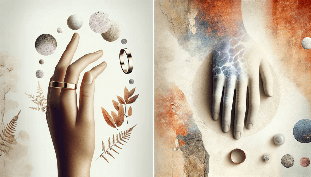 Hand showing allergic reaction to a non-hypoallergenic ring, with a muted reddish backdrop.