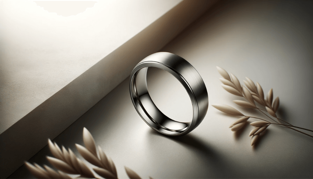 Sleek tungsten ring displayed on a minimalist earth-toned backdrop.