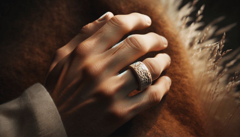 Close-up of a dark complexion hand wearing a rugged antler bone ring.