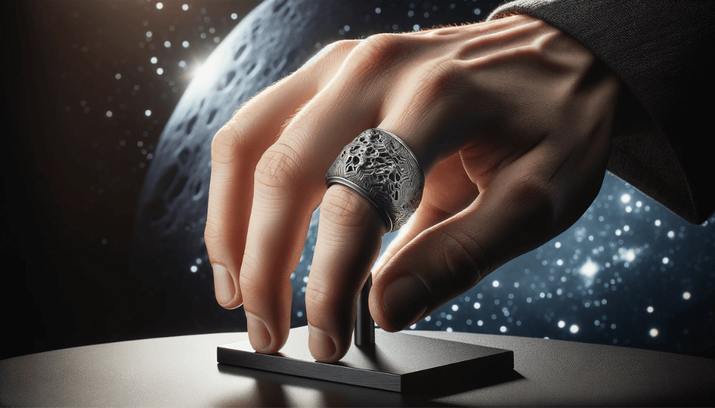 Meteorite ring with pronounced Widmanstätten patterns on a sleek stand.