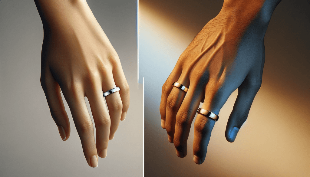 Hands with medium and olive skin tones wearing medium-width comfort fit bands.