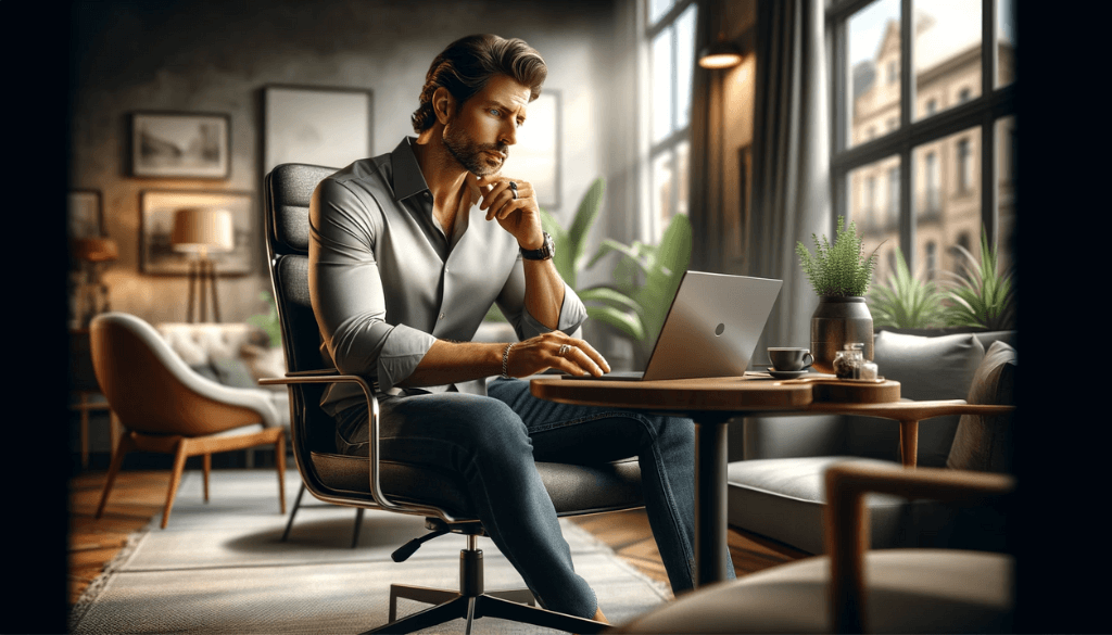 Man in smart-casual attire enjoying coffee at an outdoor cafe, reading on a digital tablet, with a noticeable ring on his hand, set against a backdrop of comfortable seating and urban greenery.