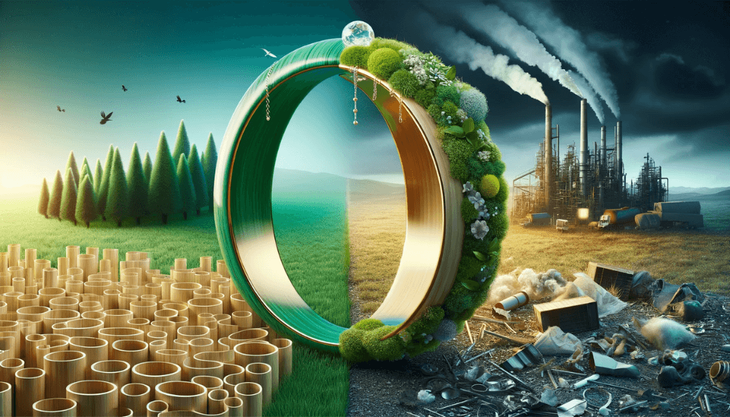 The left side illustrates a ring made of bamboo in a serene forest, contrasting with the right side showing a plastic ring in a polluted setting.